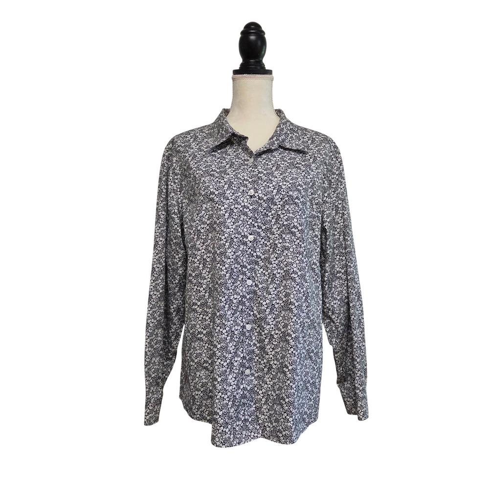 LL Bean Women's Black & White Ditsy Floral Wrinkle Free Button Front Shirt 2X